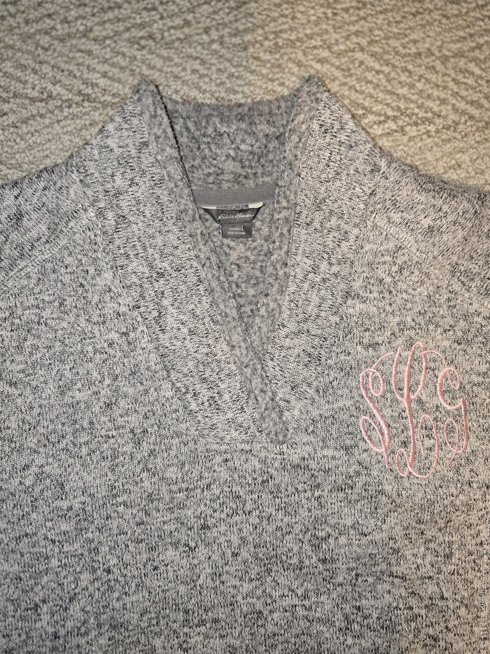 Cozy Heather Gray Women's V-Neck Sweater with Pink Monogram